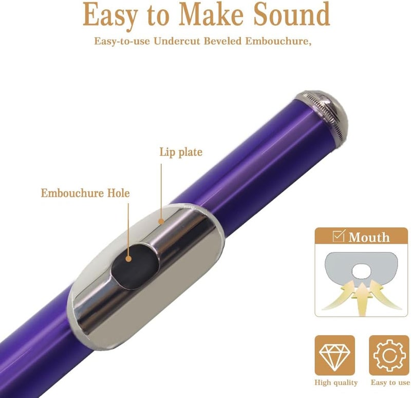YANASON Purple C Flute Closed Hole 16 Keys Flute Nickel-Plated for Beginner, Student and Professionals with Carrying case, Metal stand, Gloves, Tuning Rod, Cleaning kit(Purple) - Image 5